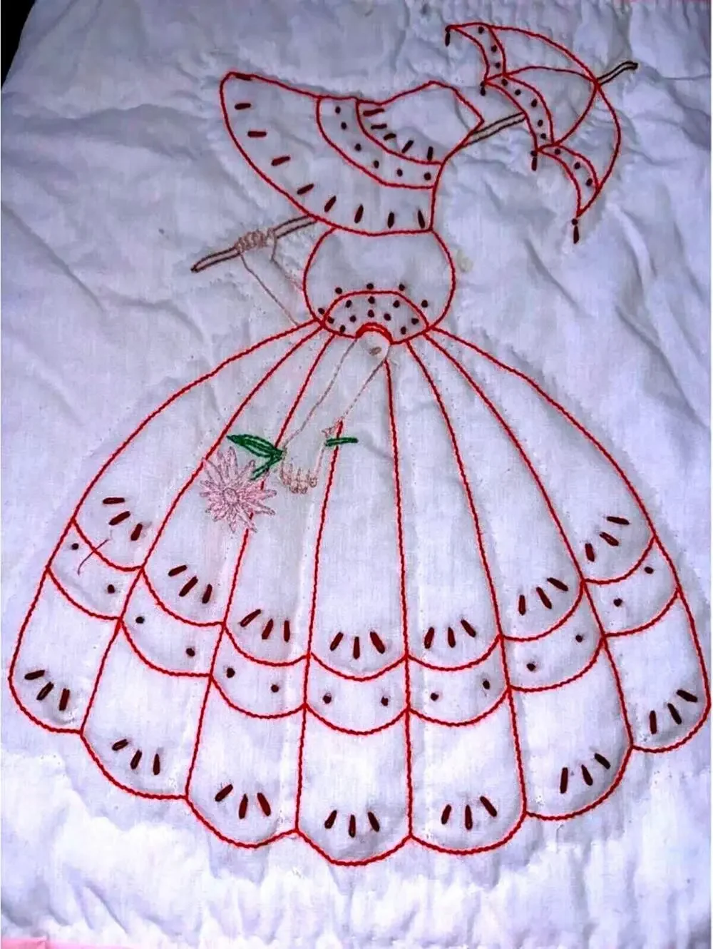 Vintage Hand Embroidered Sunbonnet Sue Quilt Pink White Handmade 93x69 Cottage